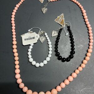 Pink Beaded Necklace w/ Black & White Bracelets Heart Charm Jewelry Set
